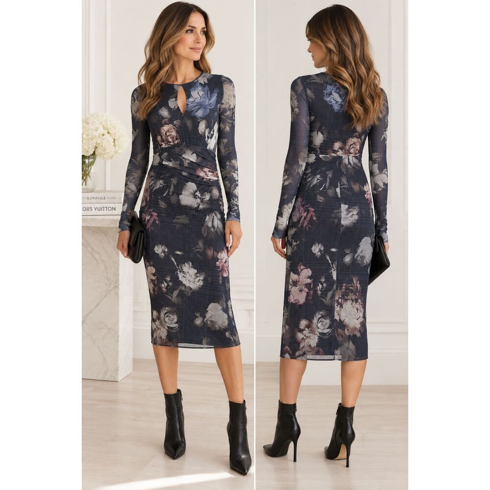 Fuzzi Midi Dress Mesh Long-Sleeve Menswear Floral Printed Keyhole Blue S
